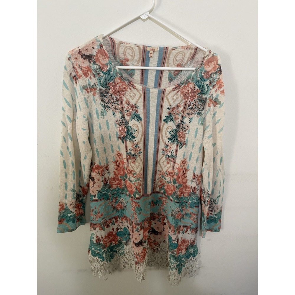Reba Women Blouse Top L Floral Print Made in USA Polyester Spandex